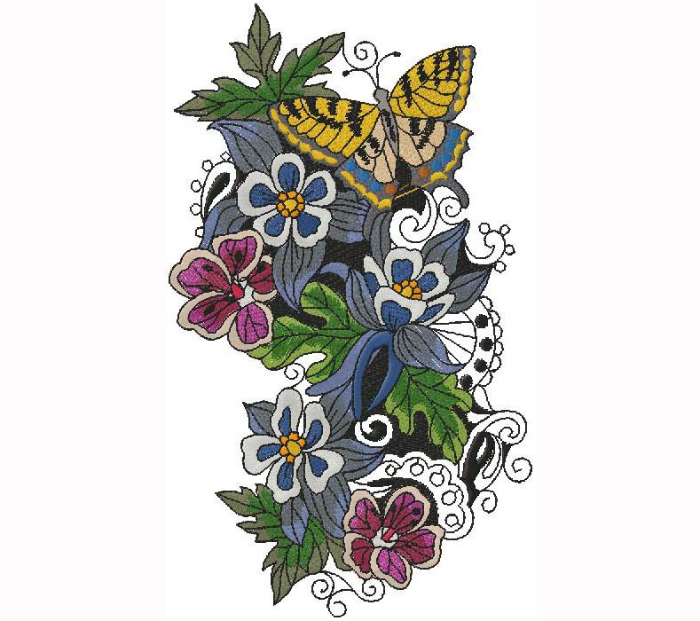butterfly with flowers embroidery design